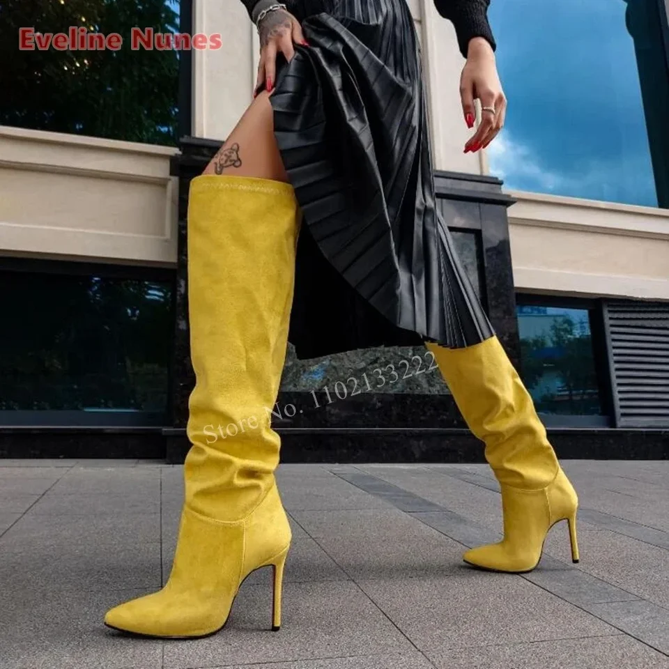 Yellow Suede Knee Boots 2024 Autumn New Arrival Solid Pointed Toe