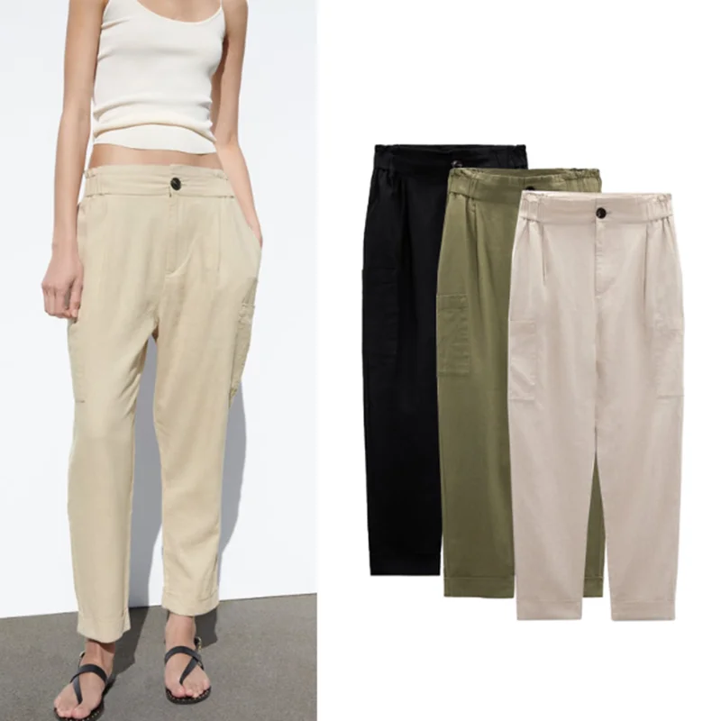 

2023 Women's New Fashion Temperament Linen High Waist Casual Straight-leg Pants Folds Loose Wide-leg Nine-point Pants