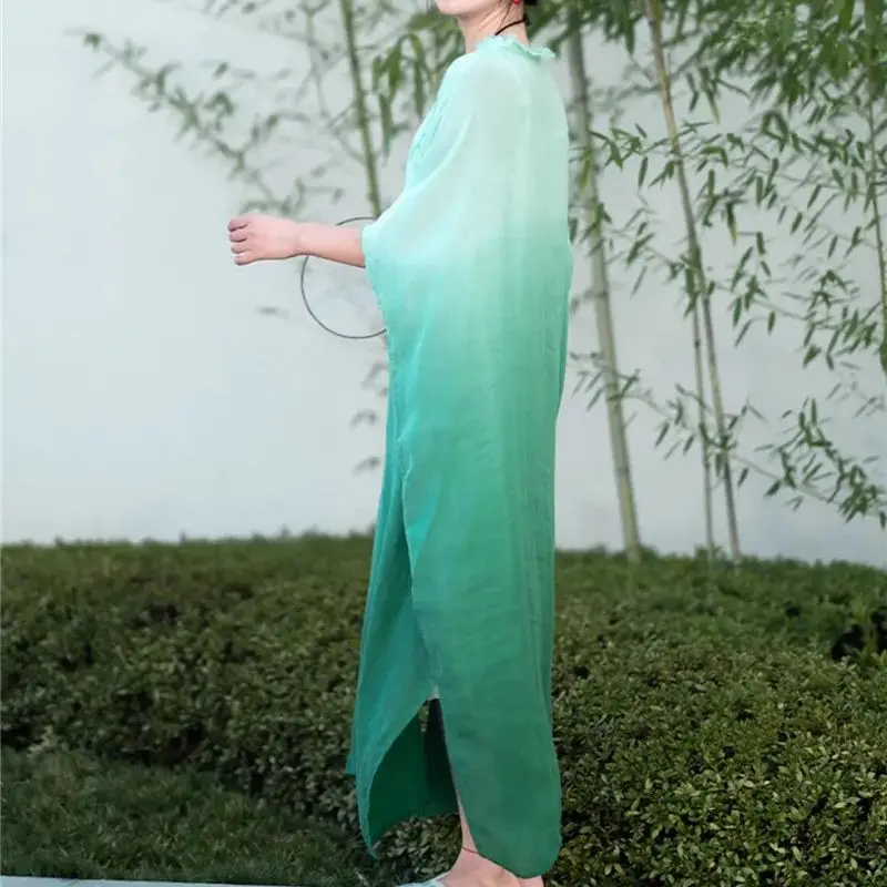 Limiguyue 여름 녹색 그라데이션 타이 염색 긴 맥시 원피스 꽃 자수 여성 드레스, 배트윙 슬리브, 통기성 E957