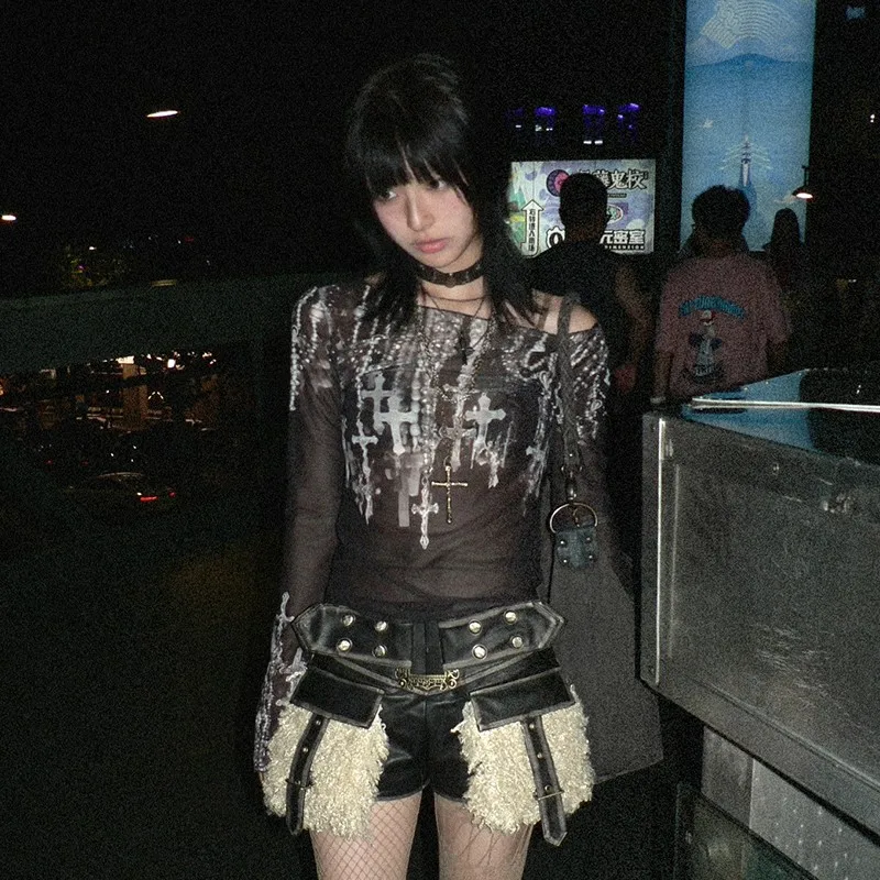 Karrram Grunge Aesthetics Mesh Tops Japanese Y2k Tattoo Print Sheer Tops Vintage Harajuku See Through Long Sleeve T-shirt Gothic 5