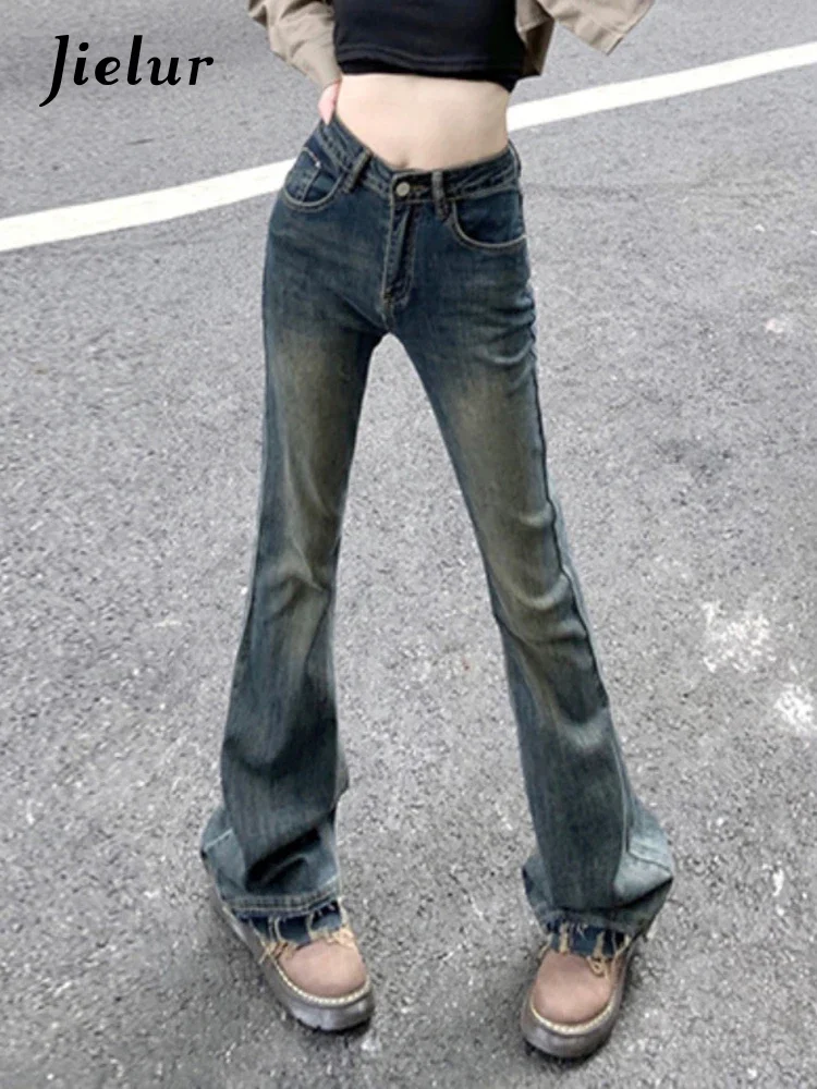 Jielur 아메리칸 스타일 섹시 빈티지 블루 여성 청바지, 하이 스트리트 슬림 Y2k 시크 포켓 여성 플레어 팬츠, 오피스 레이디 패션