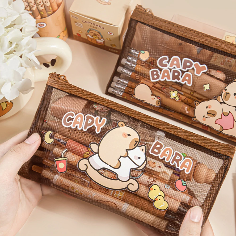Cartoon Mesh Capybara Cosmetic Bag Large Capacity Transparent Pencil Bag Case Portable Travel Organizer Stationery Storage Pouch