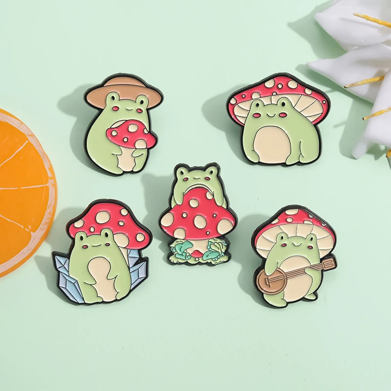 Cartoon niedlichen Frosch Pilz Brosche Emaille Pin kreative Tier pflanze lustige Abzeichen Sammlung Revers Kragen Modeschmuck Zubehör – Detail 4