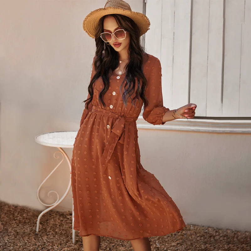 

Women's 2022 spring hot style long-sleeved chiffon mid-length skirt high waist temperament commuter women's dress