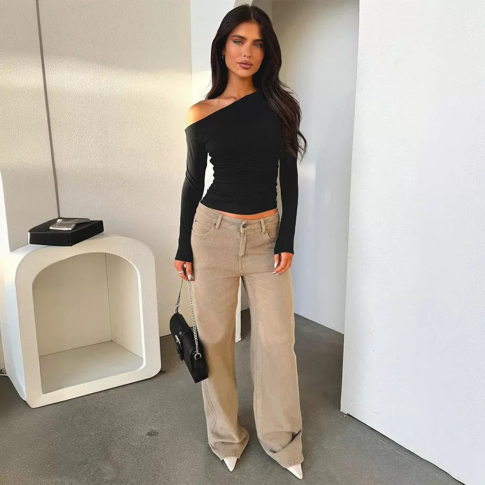 Maglietta a maniche lunghe con collo alto, di colore uno, stile casual Y2K, au