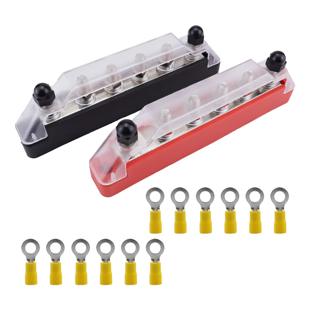 150A 12V Bus Bar Marine 12V-48V Power Distribution Block with Cover & 6 x 1/4&rdquo;(M6) Post,Battery Bus Bar & Ring Terminals