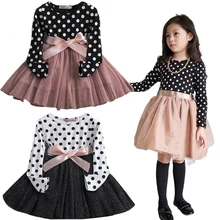 

Little Girl Princess Skirt Childrens Autumn and Winter Long Sleeved Polka Dot Skirt Childrens Round Neck 2-8 Years Old Clothing