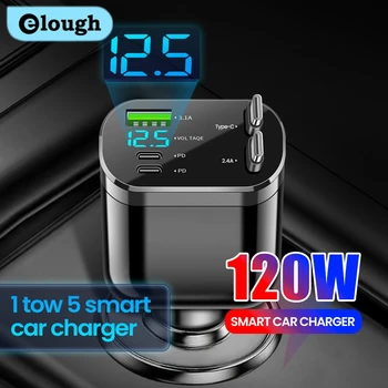 Elough Caricabatteria da auto retrattile 5 in 1 Caricabatteria da auto a ricarica rapida Cavo retrattile 2 porte di tipo c Adattatore per caricabatteria da auto compatibile