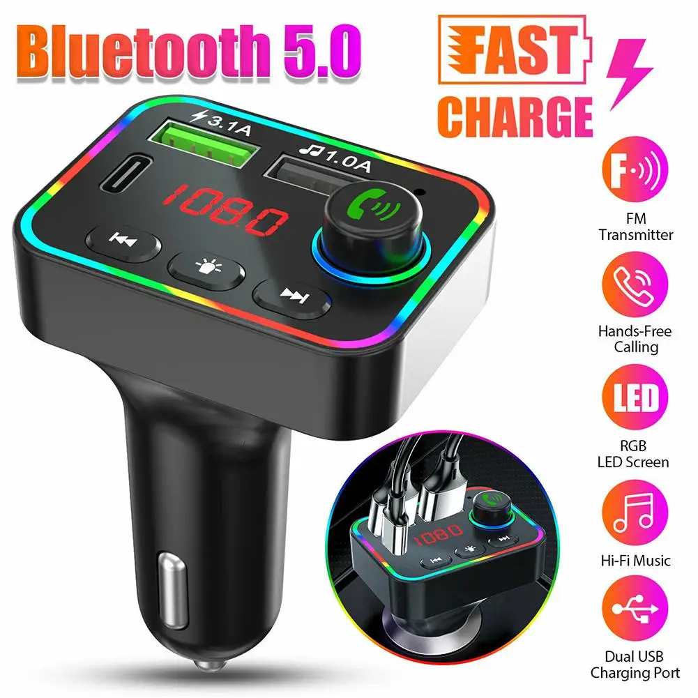 USB Car Charger Bluetooth-compatible 5.0 FM Transmitter Wireless Handsfree Audio Receiver MP3 Player Colorful Audio Receiver