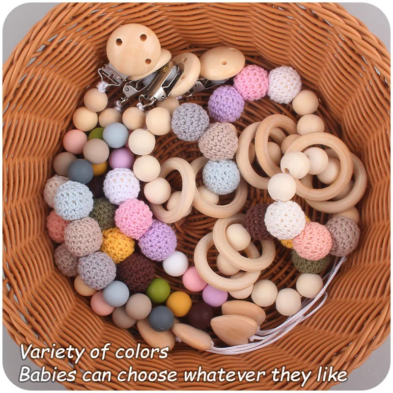 2Pcs Pacifier Clips Elephant Wooden Clip Geometric Crochet Beads Bag Wood Teether  for Baby Pacifier Holder Dummy Clips 3