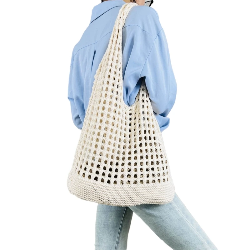 Hollow Out Tote Fashion Crochet Knitted Beach Bag Solid Color Versatile Bags E74B