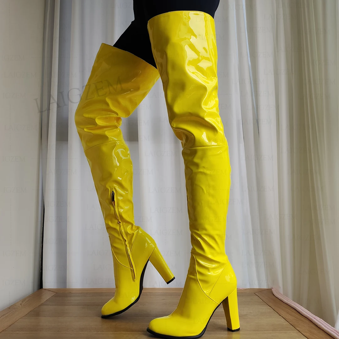 Women Thigh High Boots Round Toe Shiny Thick High Heels Over Knee