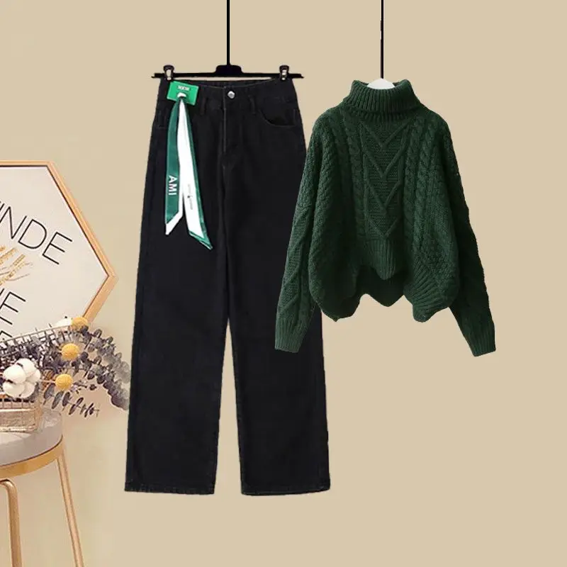 Large Size Women's Autumn Set 2023 New Slimming and Lazy Style Knitted Sweater Casual Wide Leg Pants Two-piece Set