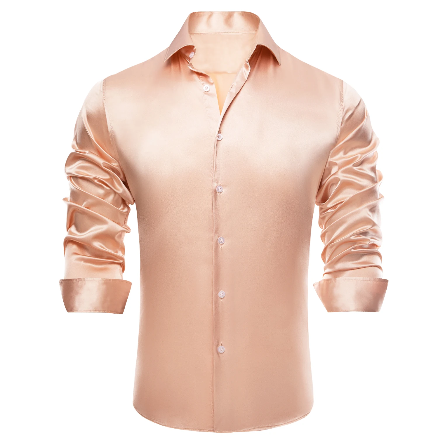 HiTieSolidSatinSilkMensShirtsLapelCollarLongSleeveSalmon