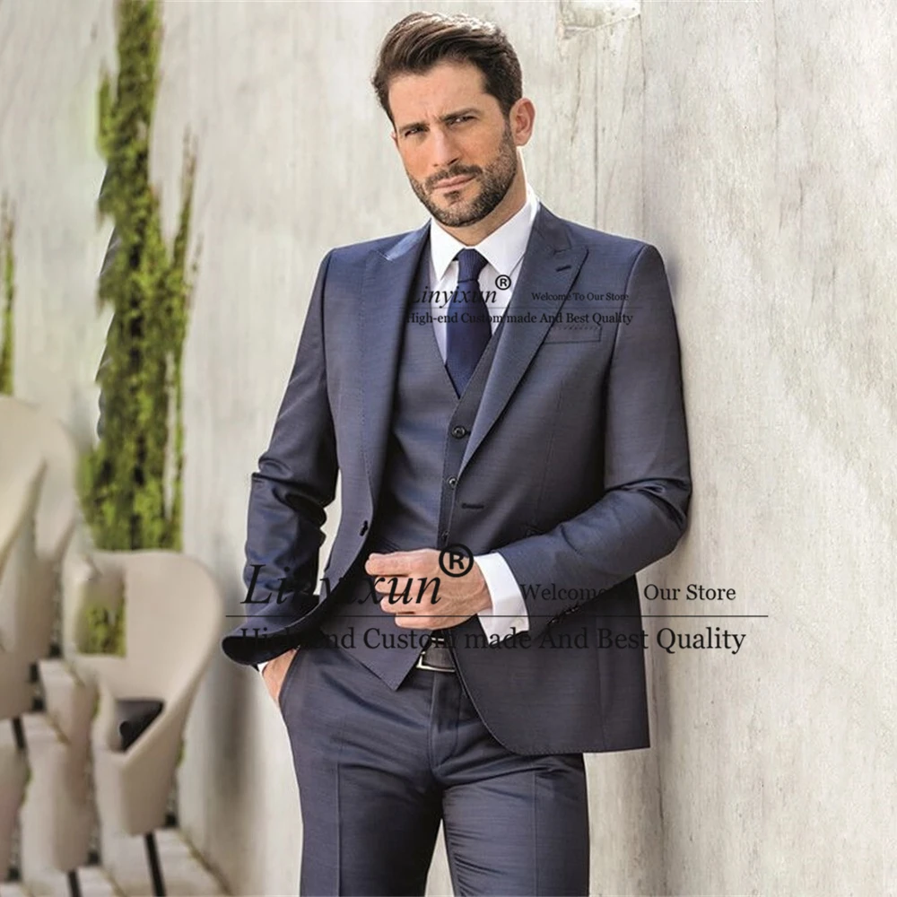 

Grey Peak Lapel Mens Suits 3 Piece Set Formal Business Blazer Slim Fit Wedding Groom Tuxedo Terno Masculino Jacket Vest Pants