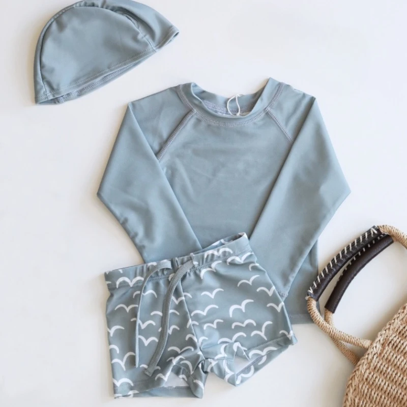 2pcs New Summer Kid Boy Swimming Wear Blue Seagull Beige Sun Swimsuits + Trunks Hot Spring Sunscreen Children Clothes E6779 kids swimsuits,boys swim shorts