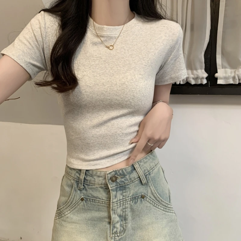 

2024 Summer New Solid Color Short Cotton Short sleeved T-shirt Women's Round Neck High Waist Versatile Slim Fit Top Women