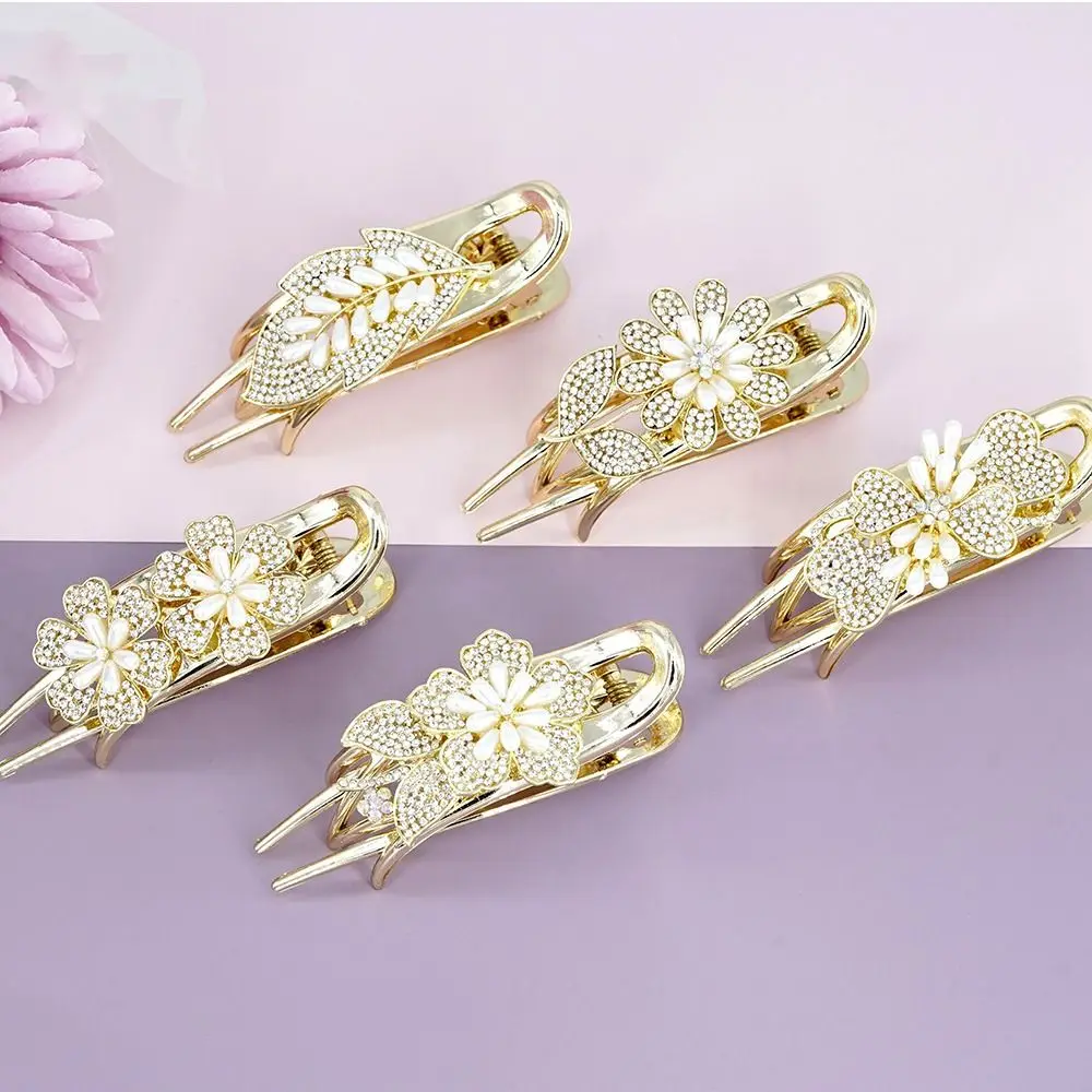 

Luxury Rhinestone Flower Geometric Duck Bill Clip Ladies Exquisite Headwear Alloy Three-tooth Hair Grab Women Hair Accessories