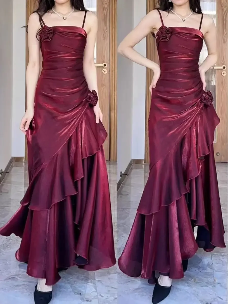 Two Piece Sexy Red Spaghetti Straps Satin Prom Dress with Pleats LBQ0019