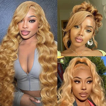 Honey Blonde Body Wave Lace Front Wig Human Hair #27 Colored Human Hair Wig PrePlucked 13x6 HD Lace Frontal Wigs For Black Women 1