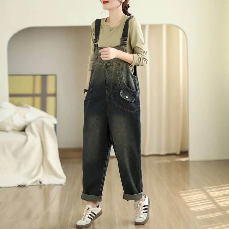 

Denim Jumpsuits for Women Korean Style Rompers Solid Casual Vintage Playsuit Straight Harem Pants Gradient Design Women Clothes