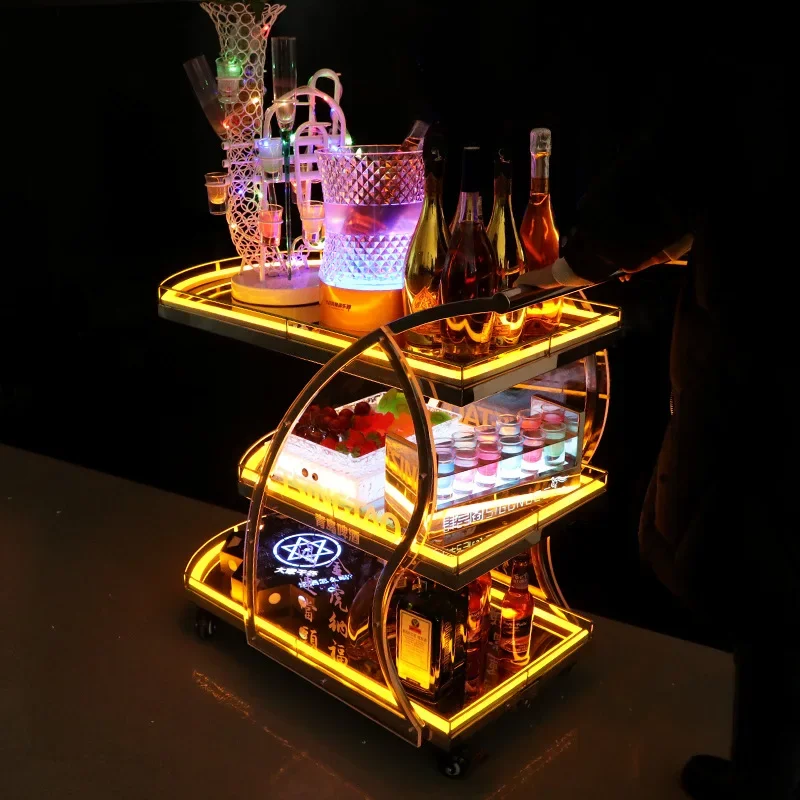 Bar light wine car KTV night show three layer dessert cake fruit mobile led wine delivery cart