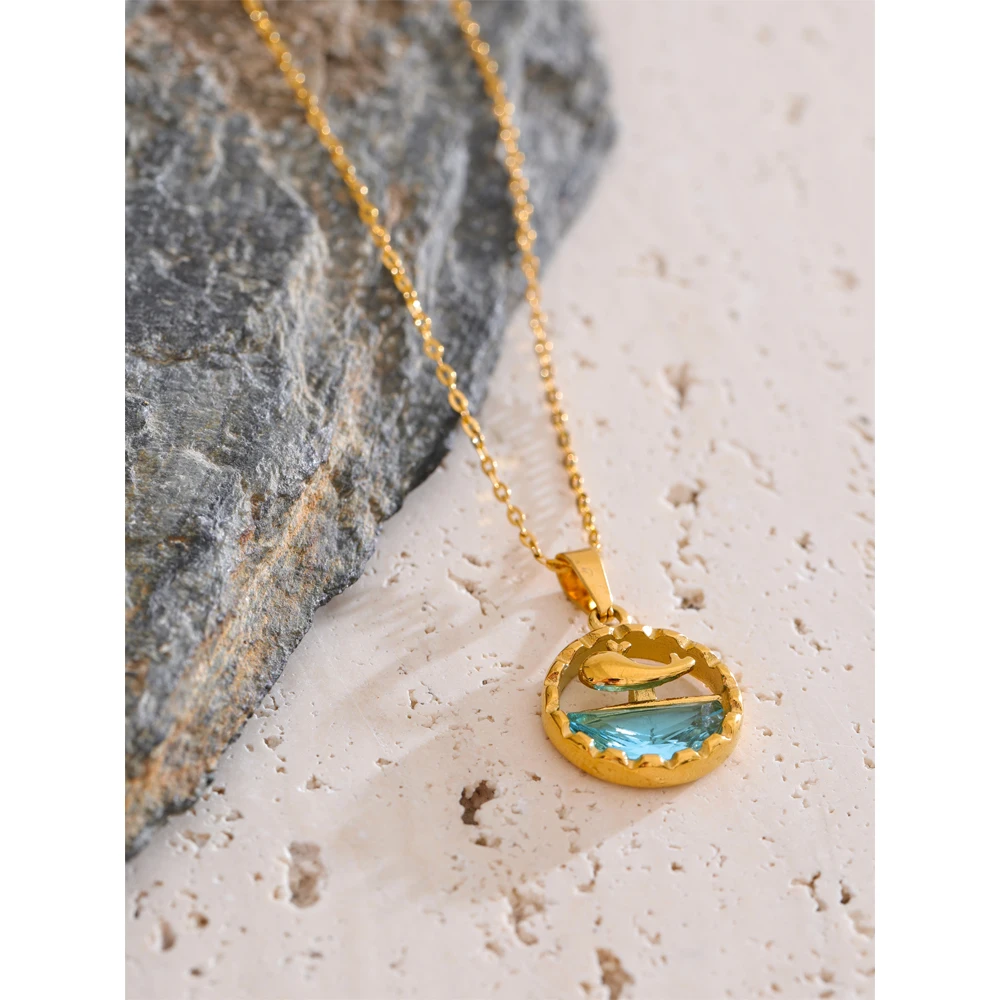 Yhpup Whale Pendant Necklace Blue Zirconia Stainless Steel Women