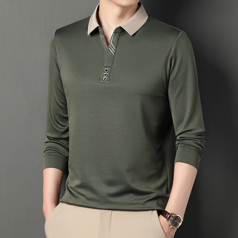 New Men’s Long-sleeved Polo Shirt Sweatwear Business Casual Top Fashion Classic Solid Color Male Brand Basic V-neck Top Best Sellers In Men's Clothing