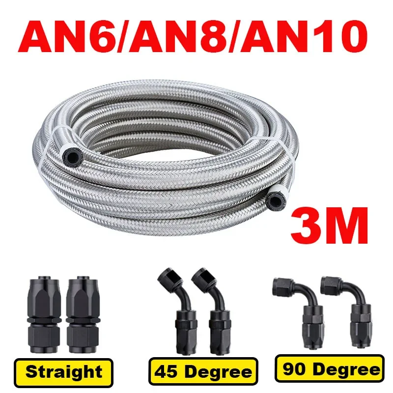

10FT 3M AN6 AN8 AN10 Car Fuel Hose Oil Gas Cooler Hose Line Pipe Tube Stainless Steel Braided Inside CPE Rubber + 6 End Adapters