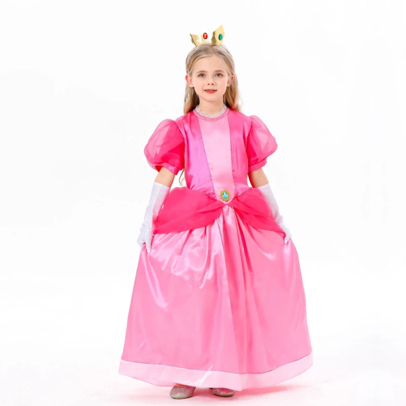 

New Pink Peach Princess Dress Up For Girls Halloween Costume Mesh Puff Tulle Kids Cosplay Costume Lace Party Outfit