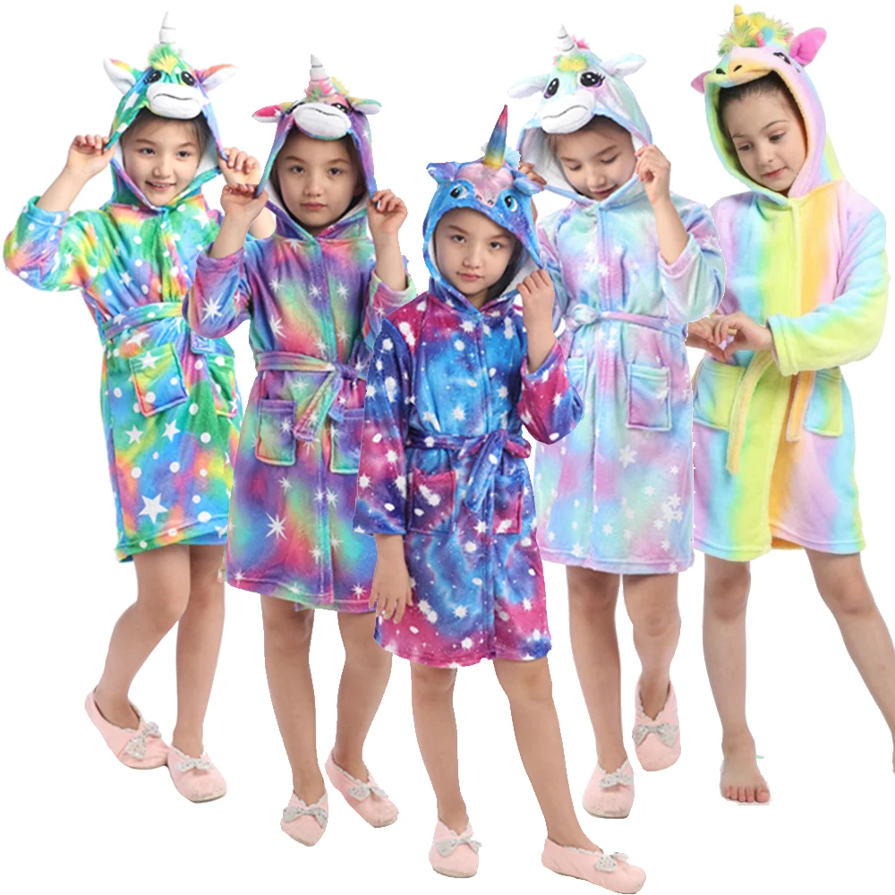 Kids Cartoon Unicorn Robes Winter Baby Girls Boys Bathrobe Sleepwear For Children Flannel Hooded Pajamas Plush Warm Homewear