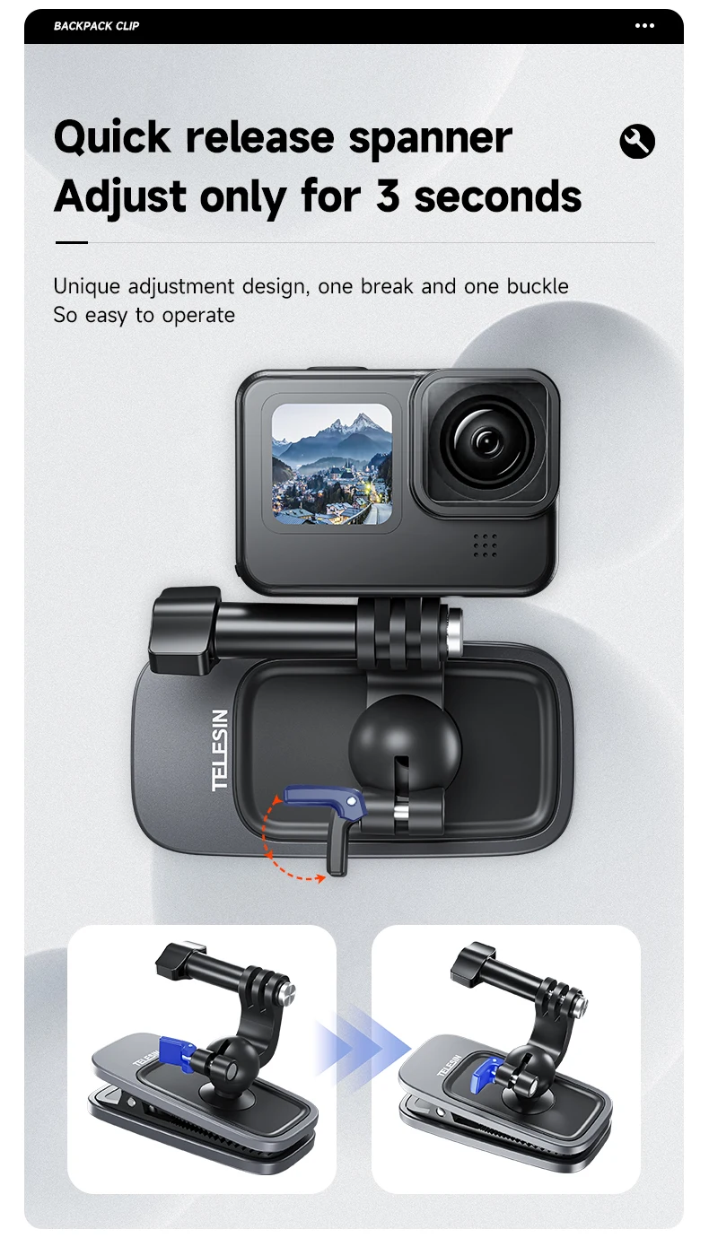 TELESIN 360 ° 회전 마그네틱 백팩 클립 클램프 마운트, 고프로 히어로 11 10 9 8 7 6 5 Insta360 DJI 액션 카메라 액세서리