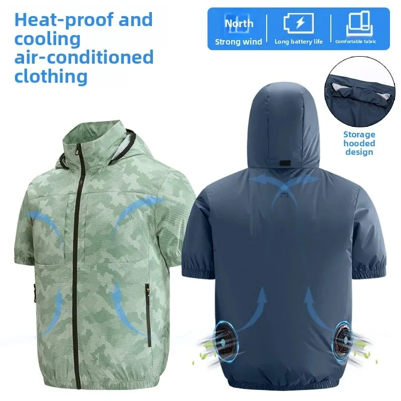 Summer Cooling Fishing Shirt Men Women Short Sleeve Air Conditioner Outdoor Camping USB Fan Jacket Breathable Sun Protection