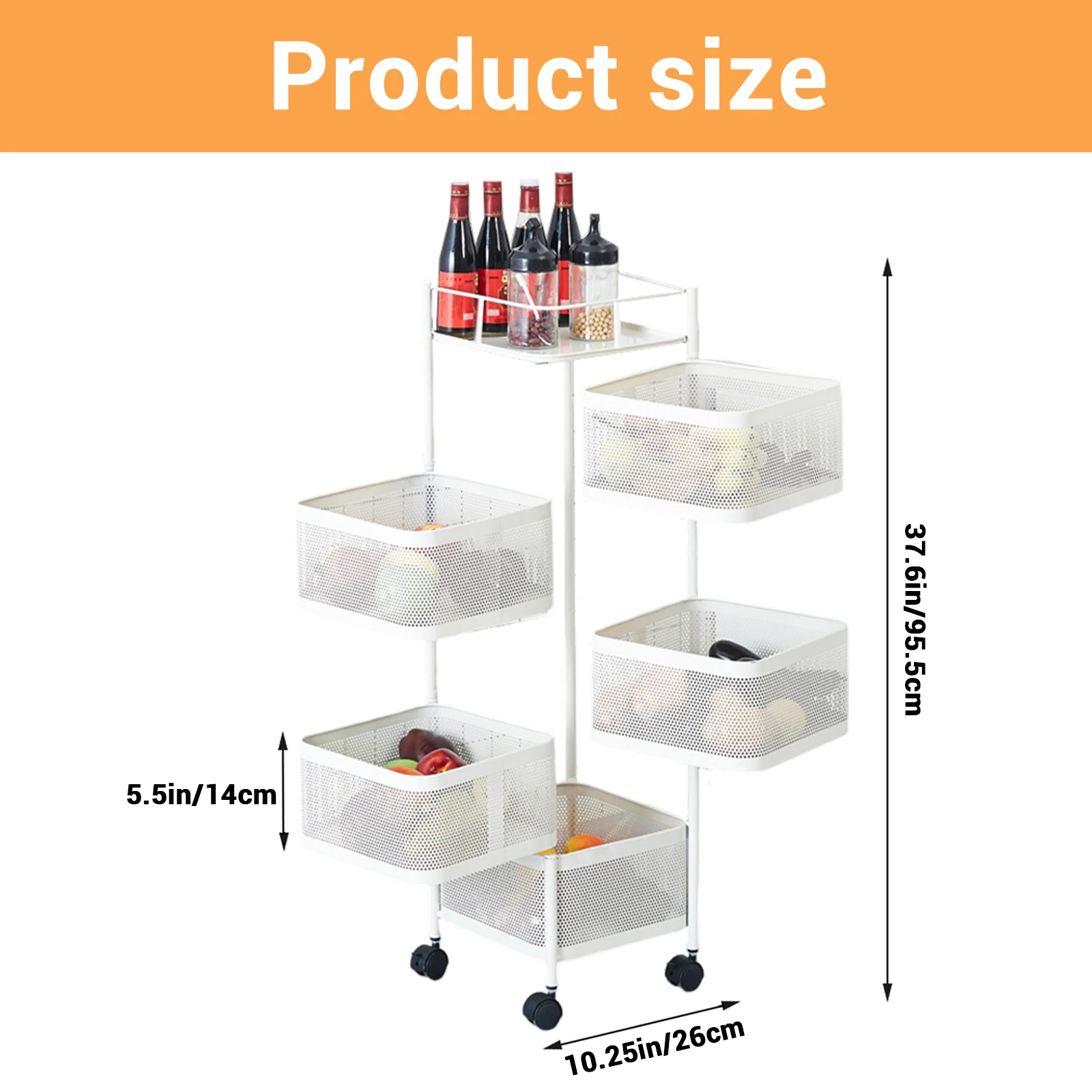 5-stufiges Küchenregal, abnehmbar, mit rollenden Rädern, Korbregal, Organizer für Obst, Gemüse, Lebensmittel, Küche – Detail 10