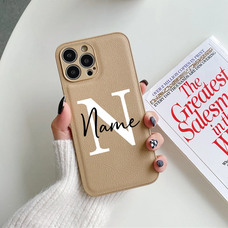 thumbnail image 1 of Custom Name Case For iPhone X XR XS 15 11 13 12 Mini 14 Pro 11Pro 14Pro Max 7 8 Plus ProMax 8Plus Text Leather Color Back Cover, 1 of 5