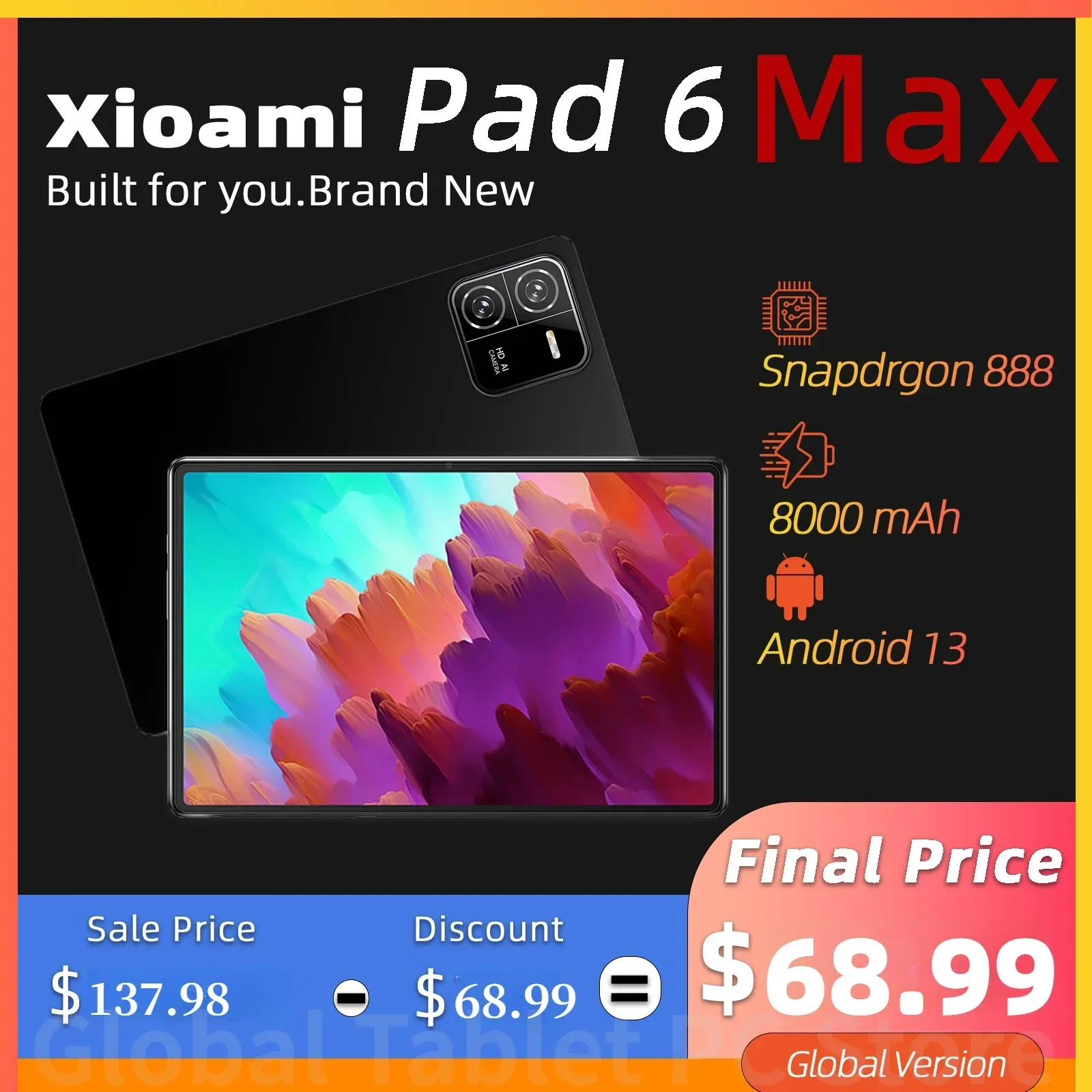 

Original FHD 4K Screen New Global Version Pad 6 Pro Snapdragon 888 Android 13 ROM 12GB RAM 512GB Tablet 5G Dual SIM Card WIFI Mi