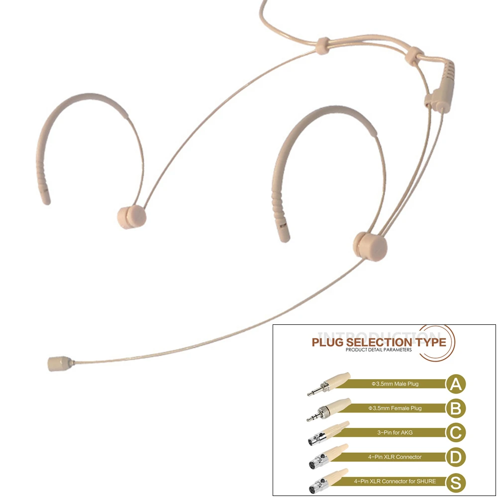 

Beige Double Earhook Headset Mic Lightweight Design Smooth Steel Ear-hang Omnidirectional Condenser Cartridge 3/4 Pin XLR Plug