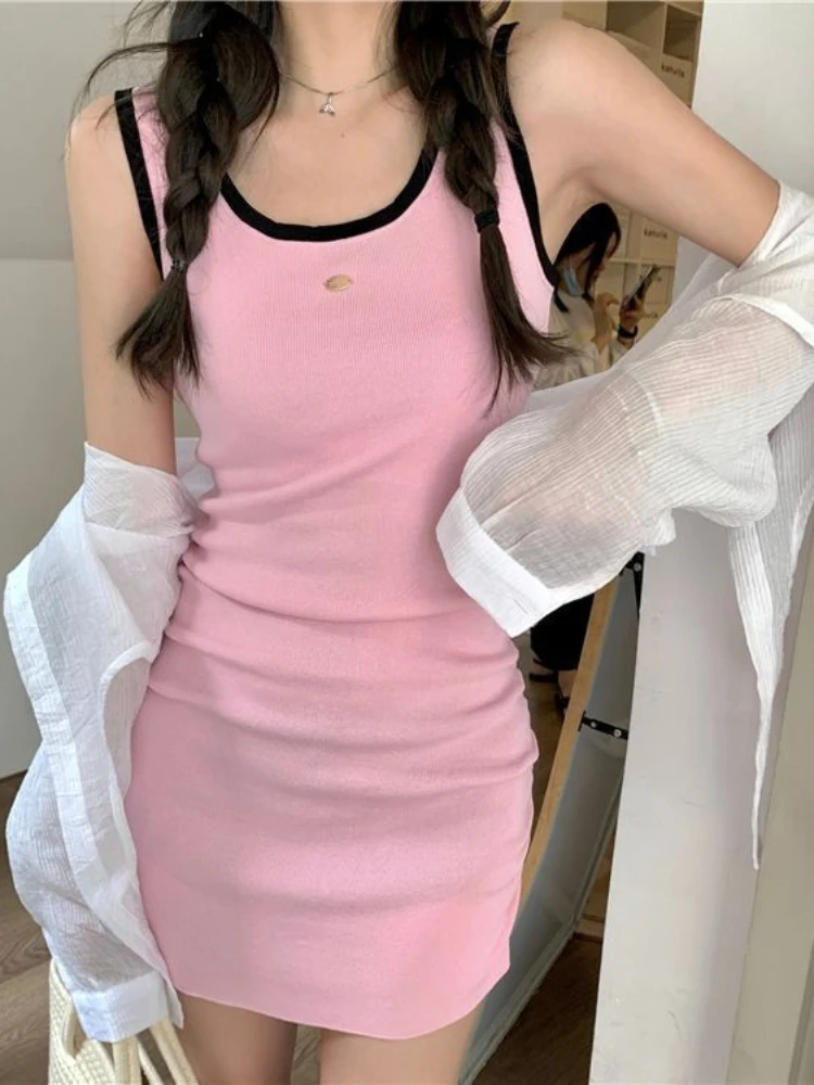 

QWEEK 2024 Summer Fashion Coquette Bodycon Wrap Tank Mini Dress Women Korean Style Kpop Casual Pink Short Dresses