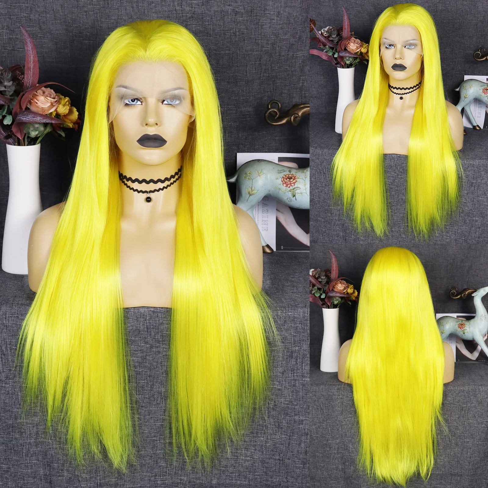 JT Synthetic 30IN 13x3 Lace Front Wigs Natural Hairline Fluorescent Yellow Colored Straight Wig For Black Women Hollywood Party