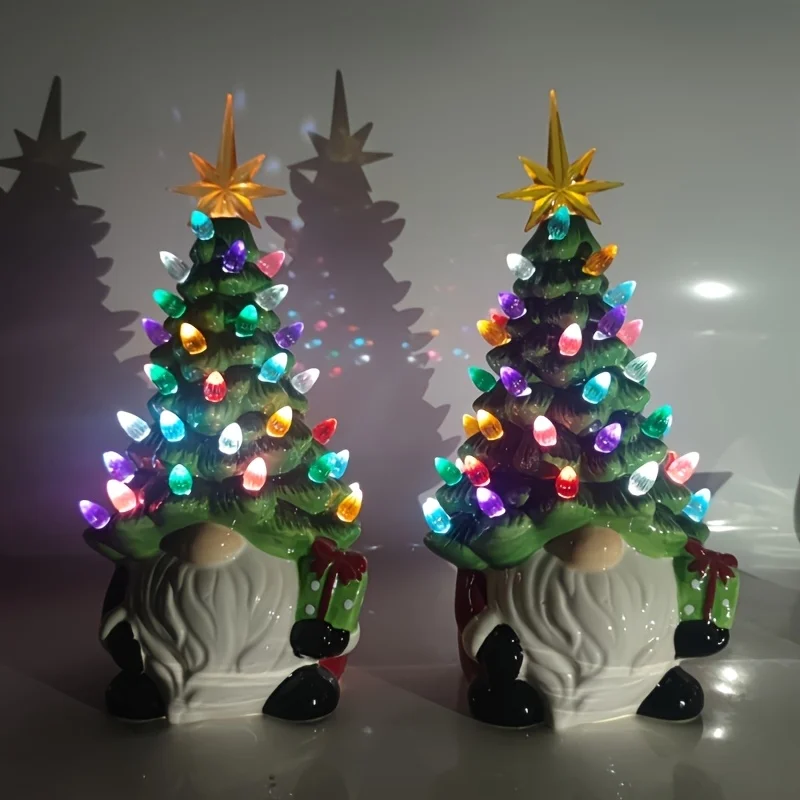 Charming Resin Gnome Christmas Tree with46Colorful light battery indoor and outdoor holiday decoration suitable for home kitchen