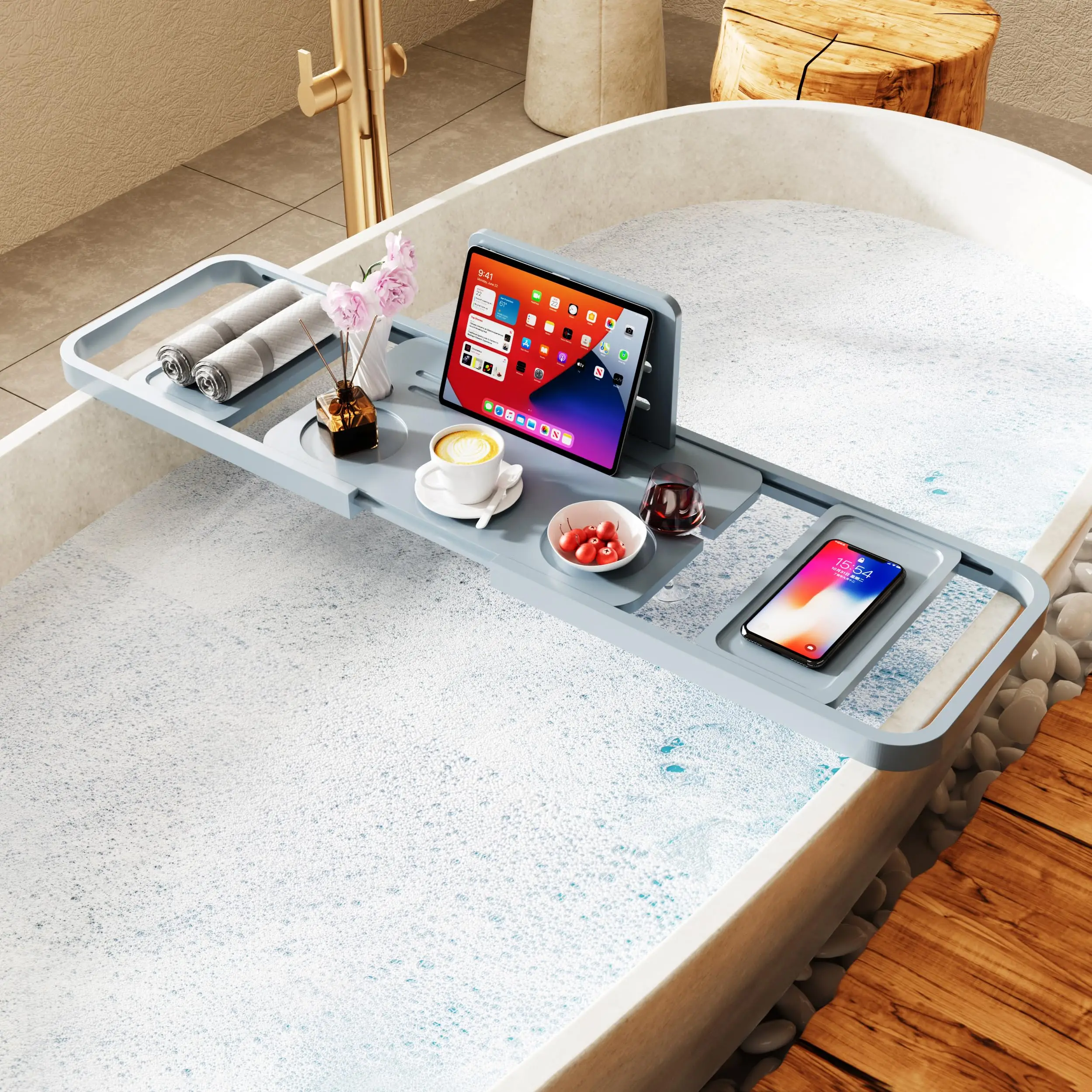 Premium Bathtub Tray Caddy-Expandable Bath Caddy Tray-Adjustable Bamboo Bath Tub Table Unique House Warming Gifts Ne