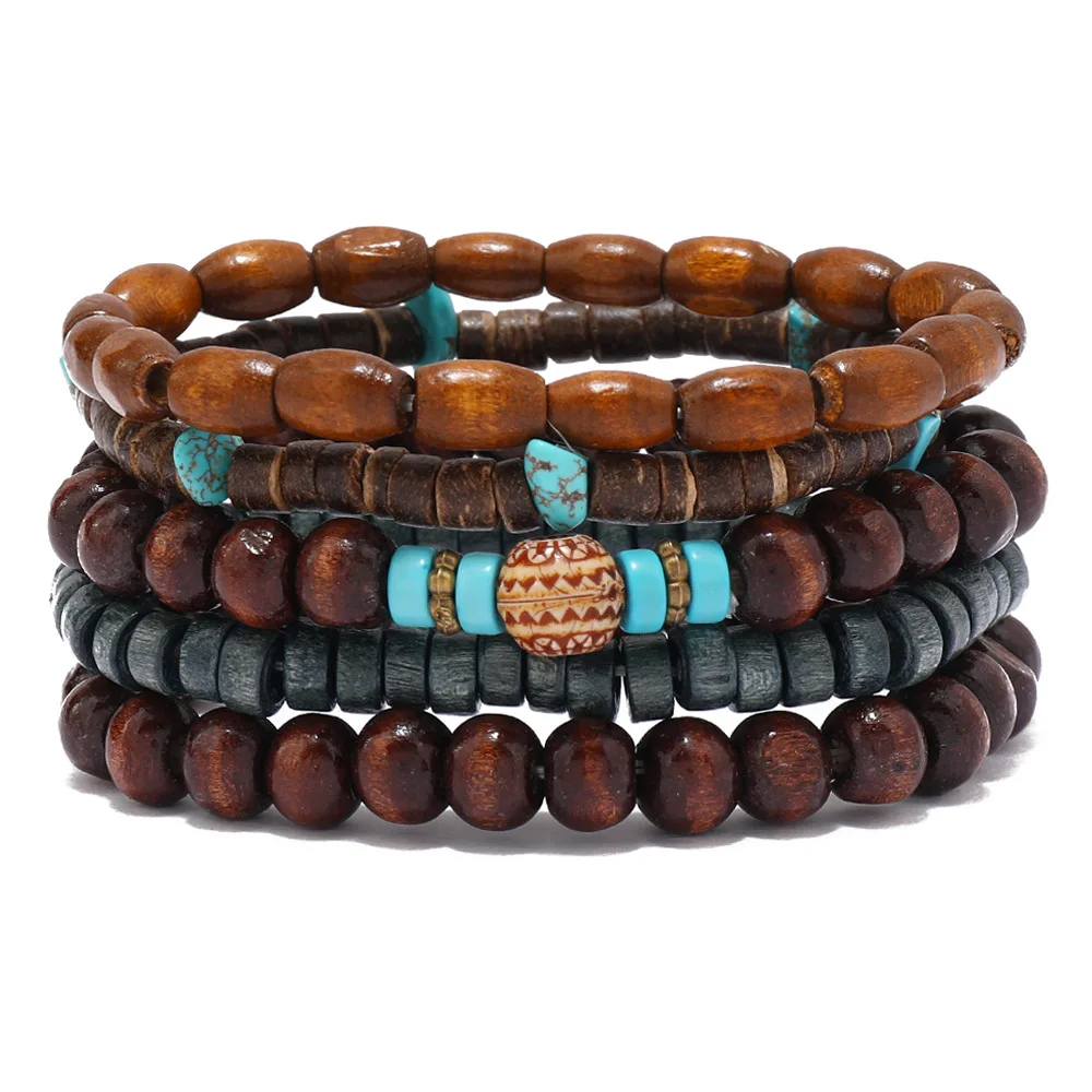 Wood Beads Beaded Bracelet Set For Men Women Vintage Wood Beads Elastic Chain Bangle Fashion Daily Party Jewelry 5Pcs beaded bracelet