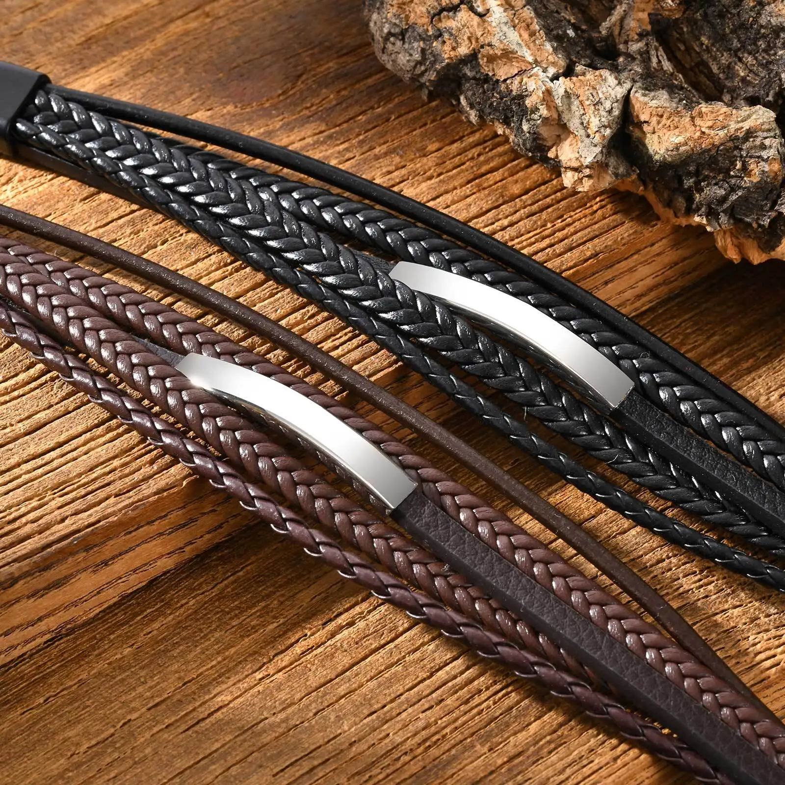 Free Custom Men's Chunky Leather Bracelet,Stainless Steel Long Bar Charm Wristband,Personalized Jewelry Gift