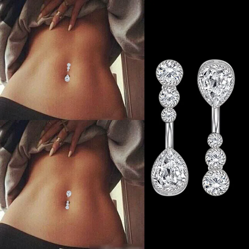 Belly Button Rings Navel Piercing Jewelry 14G Stainless Steel Bar Waterdrop Zircon Crystal 2 Way Use For Women piercing jewelry,belly button piercings,belly button earrings