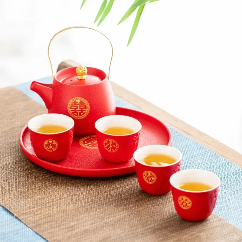 Tea Set Household Red Ceramics Tea Pot Set Boutique Tea Pot and Cup Set Sets Gifts Handmade Teaware Accessories