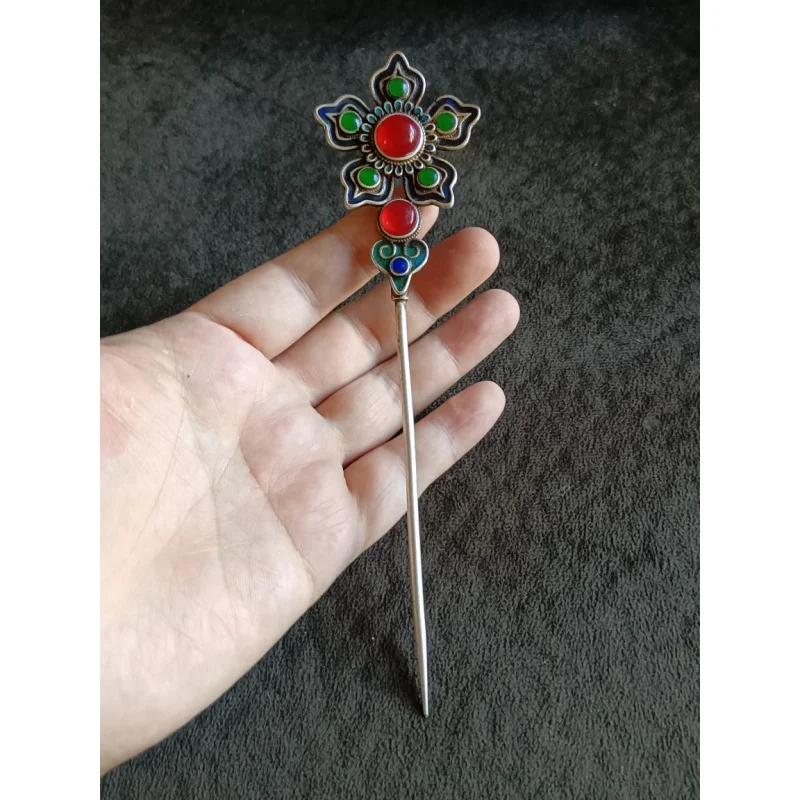 

Antique Collection Tibetan Area Backflow Old Silver Inlaid Emerald and Red Agate Beads Accessories Hairpin Retro Old Pulp Hairpi