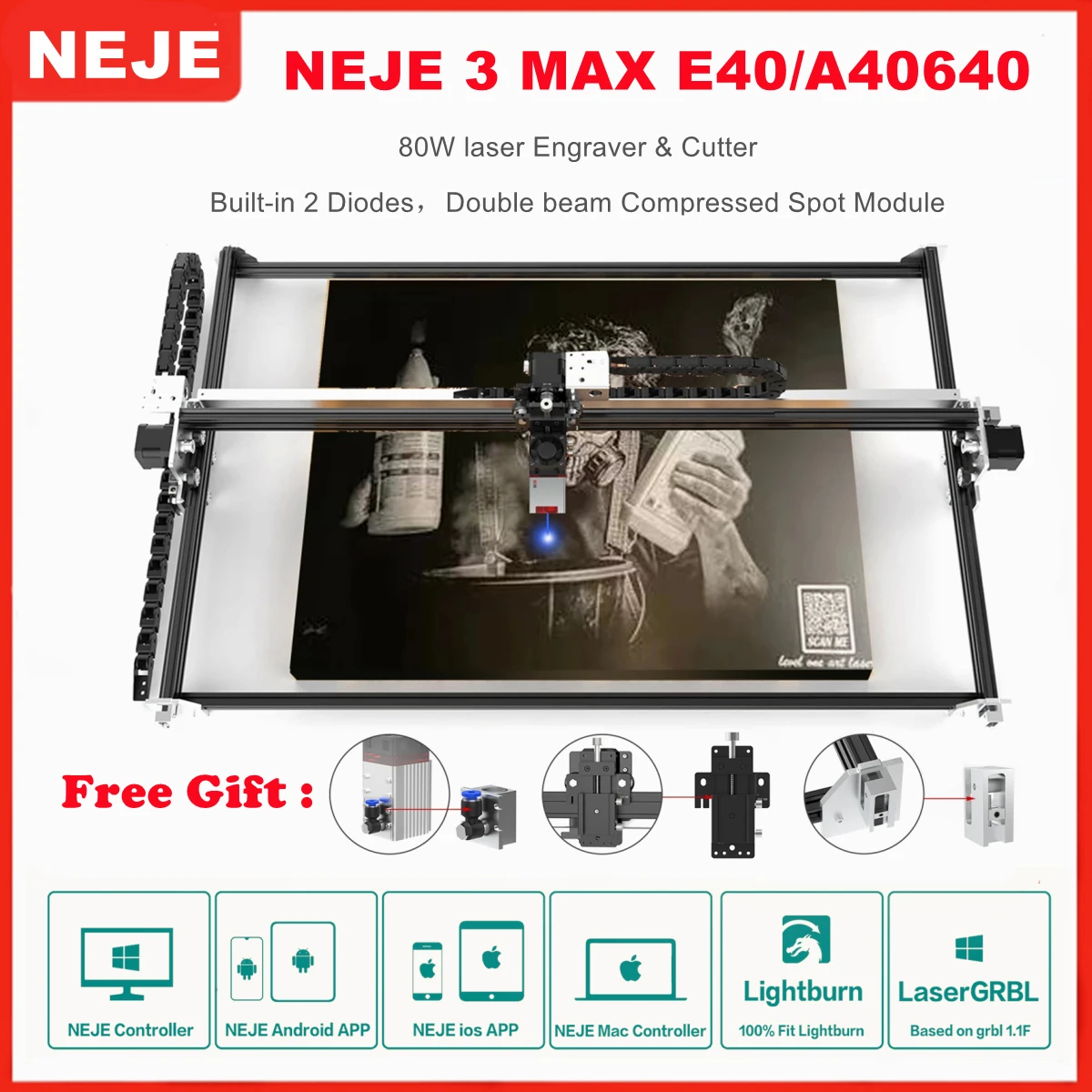 Neje 3 Max E40/a40640 80w Cnc Laser Engraver Cutter Metal Engraving