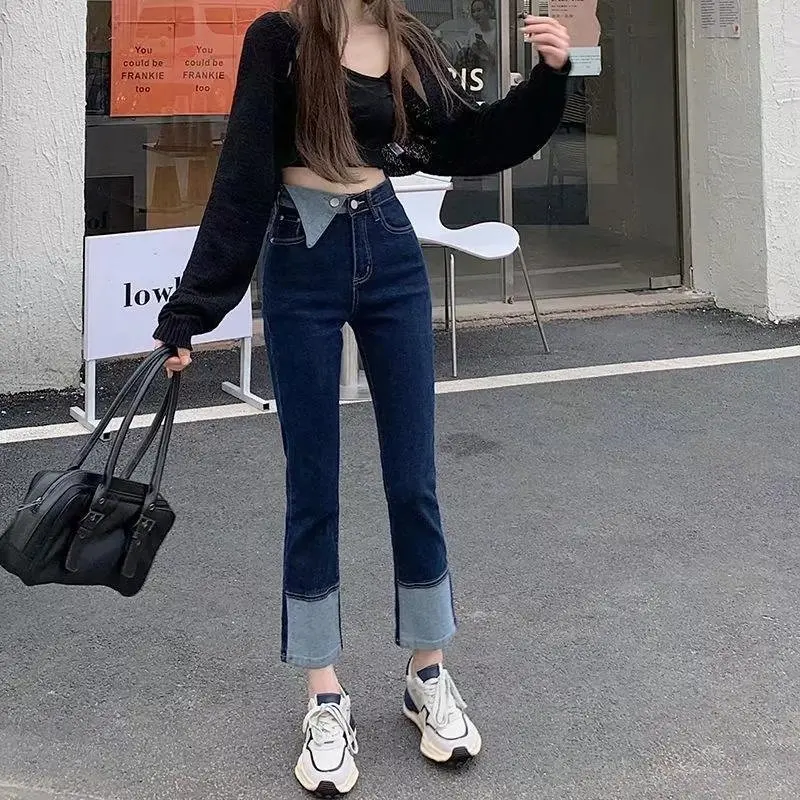2022 봄과 가을 신제품 홍콩 풍미 그라데이션 컬러 매칭 디자인 센스 백 버클 하이 웨이스트 스트레치 청바지 여성용 카프리 파이프 팬츠, Kong Flavor 