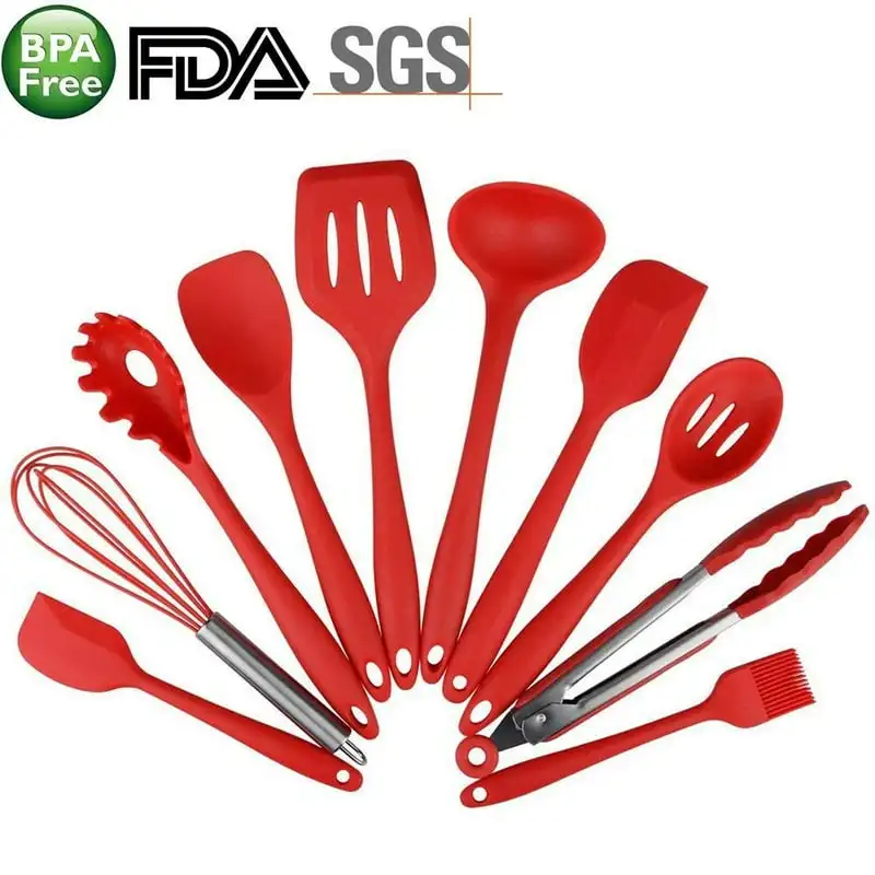 

Silicone Cooking Set Red- Spoons, Turners, Spatula & 1 Ladle Etc - Heat Resistant Kitchen Utensils - Easy to Clean Set de cocina