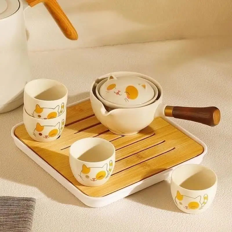 Set Da Tè Portatile In Ceramica Da Viaggio - Teiera 190ml Con Infusore 360°, 4 Tazze E Vassoio In Bambù